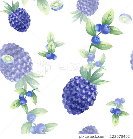 Blueberry and blackberry watercolor seamless pattern. Hand drawn isolated illustration juicy wild berries bilberry and dewberry for kitchen textile, fabric, food packaging, healthy food and recipes. 122678402