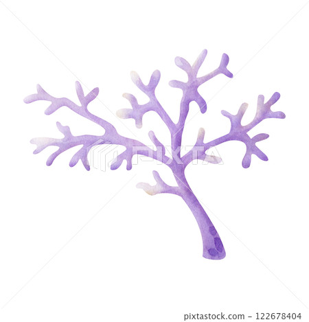 Coral in pastel lilac color watercolor isolated illustration in cartoon style. Sketch of marine fauna and ocean life. Hand drawn underwater sea purple reef for kids marine design and nautical print. 122678404
