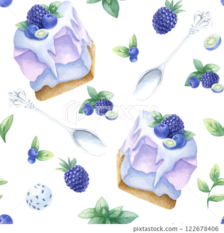 Cakes with blueberry, blackberry and mint, wild berries and silver spoons watercolor isolated seamless pattern. Hand drawn illustration in purple and green color for kitchen textile, design of pastry. 122678406