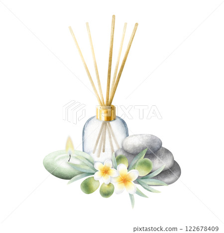 Aroma diffuser, candle, stack of flat grey pebbles, olive branch and plumeria flowers. Hand drawn watercolor isolated illustration of products aromatherapy. Drawing for meditation, spa or zen design. Aroma diffuser, candle, stack of flat grey pebbles, olive branch and plumeria flowers. Hand drawn watercolor isolated illustration of products aromatherapy. Drawing for meditation, spa or zen design. 122678409