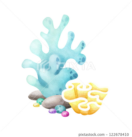 Corals, pebbles, stones watercolor isolated illustration in cartoon style. Hand drawn sea underwater colourful composition in turquoise and yellow colors for kids marine design and nautical prints. 122678410