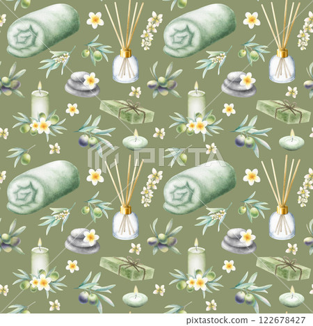 Olive soap aleppo, rolled up towel, candles, aroma diffuser, stack pebbles, frangipani flowers and olive branches. Hand drawn watercolor seamless pattern on dark olive background for spa salon design. 122678427