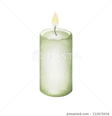 Candle with burning flame in olive color cylindrical shape. Hand drawn watercolor illustration isolated from background for design of greeting invitation, postcard, spa salon. Cozy vintage home decor. Candle with burning flame in olive color cylindrical shape. Hand drawn watercolor illustration isolated from background for design of greeting invitation, postcard, spa salon. Cozy vintage home decor. 122678438