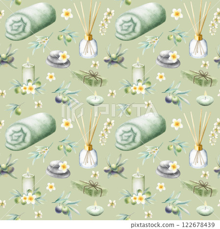 Olive soap aleppo, rolled up towel, candles, aroma diffuser, stack pebbles, frangipani flowers and olive branches. Hand drawn watercolor isolated seamless pattern on olive background for spa design. 122678439