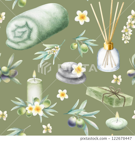 Olive soap aleppo, rolled up towel, candles, aroma diffuser, stack pebbles, frangipani flowers and olive branches. Hand drawn watercolor seamless pattern on dark olive background for spa salon design. Olive soap aleppo, rolled up towel, candles, aroma diffuser, stack pebbles, frangipani flowers and olive branches. Hand drawn watercolor seamless pattern on dark olive background for spa salon design. 122678447