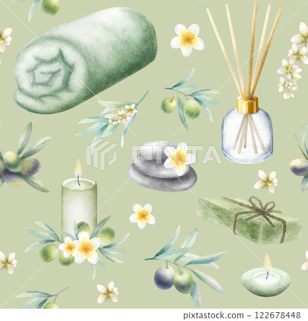 Olive soap aleppo, rolled up towel, candles, aroma diffuser, stack pebbles, frangipani flowers and olive branches. Hand drawn watercolor isolated seamless pattern on olive background for spa design. Olive soap aleppo, rolled up towel, candles, aroma diffuser, stack pebbles, frangipani flowers and olive branches. Hand drawn watercolor isolated seamless pattern on olive background for spa design. 122678448