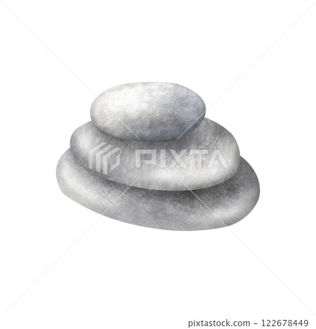 Stack of flat grey Pebbles. Hand drawn watercolor illustration of balancing smooth stones isolated from background. Drawing of rocks for meditation and relaxing. Sketch for spa or Zen design. Stack of flat grey Pebbles. Hand drawn watercolor illustration of balancing smooth stones isolated from background. Drawing of rocks for meditation and relaxing. Sketch for spa or Zen design. 122678449