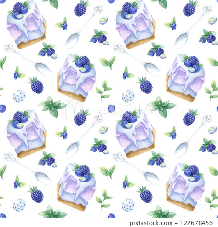Cakes with blueberry, blackberry and mint, wild berries and silver spoons watercolor isolated seamless pattern. Hand drawn illustration in purple and green color for kitchen textile, design of pastry. Cakes with blueberry, blackberry and mint, wild berries and silver spoons watercolor isolated seamless pattern. Hand drawn illustration in purple and green color for kitchen textile, design of pastry. 122678456