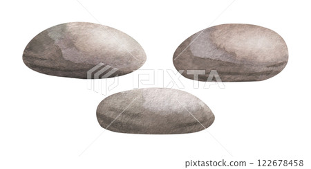 Underwater sea pebbles watercolor isolated illustration set in cartoon style. Hand drawn ocean undersea stones in monochrome brown color oval shape for outdoor, landscape, marine and nautical design. 122678458