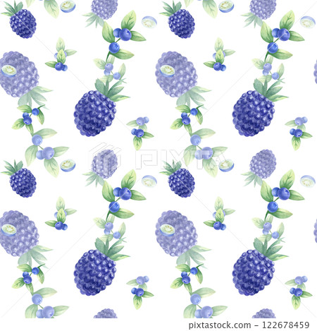 Blueberry and blackberry watercolor seamless pattern. Hand drawn isolated illustration juicy wild berries bilberry and dewberry for kitchen textile, fabric, food packaging, healthy food and recipes. 122678459