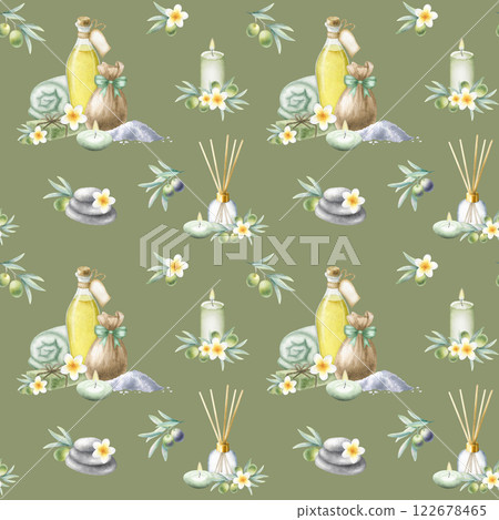 Olive oil, soap aleppo, sea salt, rolled up towel, candles, frangipani flowers and olive branches. Hand drawn watercolor isolated seamless pattern on dark olive color for package, spa salon design. Olive oil, soap aleppo, sea salt, rolled up towel, candles, frangipani flowers and olive branches. Hand drawn watercolor isolated seamless pattern on dark olive color for package, spa salon design. 122678465