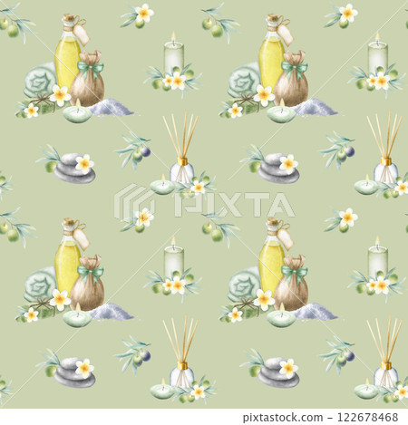 Olive oil, soap aleppo, sea salt, rolled up towel, candles, frangipani flowers and olive branches. Hand drawn watercolor isolated seamless pattern on light olive color for package, spa salon design. Olive oil, soap aleppo, sea salt, rolled up towel, candles, frangipani flowers and olive branches. Hand drawn watercolor isolated seamless pattern on light olive color for package, spa salon design. 122678468