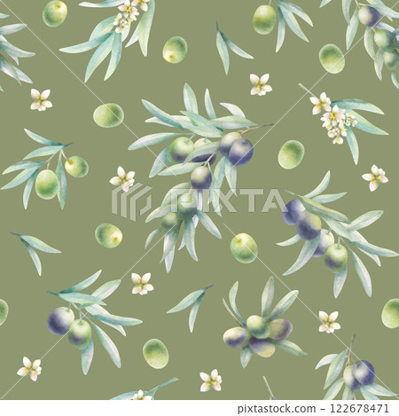 Olive branches with leaves and blossoms in realistic style seamless pattern. Hand drawn botanical greenery watercolor illustration with green and black fruits on olive background for packaging paper. Olive branches with leaves and blossoms in realistic style seamless pattern. Hand drawn botanical greenery watercolor illustration with green and black fruits on olive background for packaging paper. 122678471