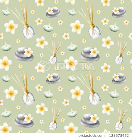 Aroma diffuser, candles, plumeria flowers and stack pebbles. Hand drawn watercolor seamless pattern with frangipani on light olive color for packaging, textile, fabric, stationery, spa salon design. Aroma diffuser, candles, plumeria flowers and stack pebbles. Hand drawn watercolor seamless pattern with frangipani on light olive color for packaging, textile, fabric, stationery, spa salon design. 122678472