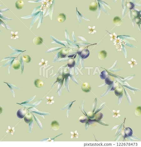 Olive branches with leaves and blossoms in realistic style seamless pattern. Hand drawn botanical greenery watercolor illustration with green and black fruits on olive background for packaging paper. Olive branches with leaves and blossoms in realistic style seamless pattern. Hand drawn botanical greenery watercolor illustration with green and black fruits on olive background for packaging paper. 122678473