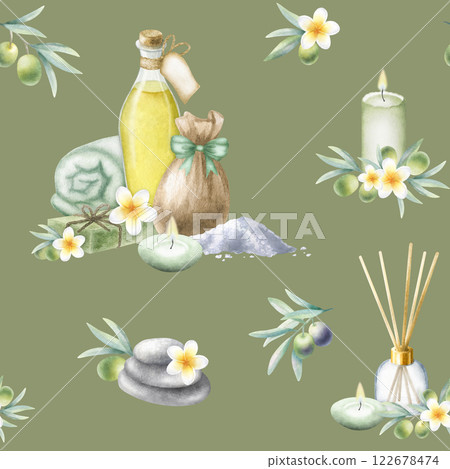 Olive oil, soap aleppo, sea salt, rolled up towel, candles, frangipani flowers and olive branches. Hand drawn watercolor isolated seamless pattern on dark olive color for package, spa salon design. Olive oil, soap aleppo, sea salt, rolled up towel, candles, frangipani flowers and olive branches. Hand drawn watercolor isolated seamless pattern on dark olive color for package, spa salon design. 122678474