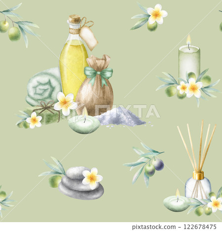 Olive oil, soap aleppo, sea salt, rolled up towel, candles, frangipani flowers and olive branches. Hand drawn watercolor isolated seamless pattern on light olive color for package, spa salon design. Olive oil, soap aleppo, sea salt, rolled up towel, candles, frangipani flowers and olive branches. Hand drawn watercolor isolated seamless pattern on light olive color for package, spa salon design. 122678475