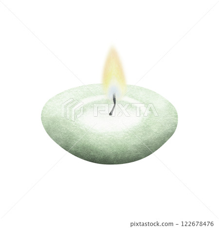 Candle with burning flame in green color round shape. Hand drawn watercolor illustration isolated from background for design of greeting invitations, postcards, spa salon. Cozy vintage home decor. Candle with burning flame in green color round shape. Hand drawn watercolor illustration isolated from background for design of greeting invitations, postcards, spa salon. Cozy vintage home decor. 122678476