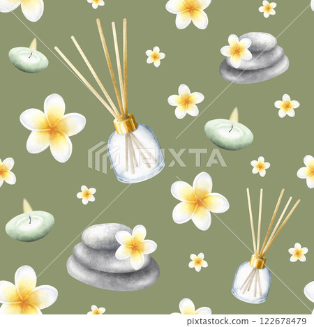 Aroma diffuser, candles, plumeria flowers and stack pebbles. Hand drawn watercolor seamless pattern with frangipani on dark olive color for packaging, textile, fabric, stationery, spa salon design. 122678479
