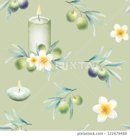 Candles, plumeria flowers and olive branches. Hand drawn watercolor seamless pattern with frangipani on light olive color for banner or backdrop, packaging paper, textile, fabrics, spa salon design. Candles, plumeria flowers and olive branches. Hand drawn watercolor seamless pattern with frangipani on light olive color for banner or backdrop, packaging paper, textile, fabrics, spa salon design. 122678480