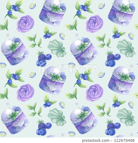 Ice cream and whipped cream in glass jar with blueberry, blackberry, chia seeds and mint. Hand drawn watercolor seamless pattern on light green. Marshmallow with wild berries for confectionery design. 122678486