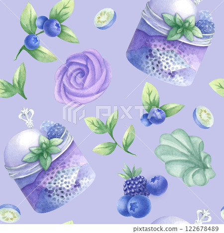 Ice cream and whipped cream in glass jar with blueberry, blackberry, chia seeds and mint. Hand drawn watercolor seamless pattern on lilac. Marshmallow with wild berries. For confectionery design. 122678489