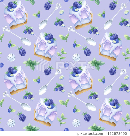 Cakes with blueberry, blackberry and mint, wild berries and silver spoons. Hand drawn watercolor seamless pattern of delicious desserts on lilac for pastry shop, kitchen textile and food packaging. 122678490