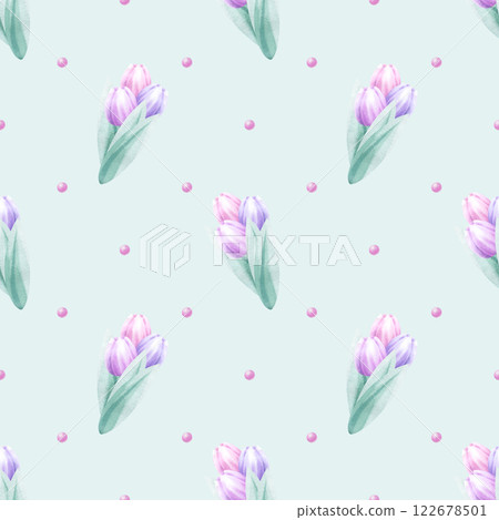 Bouquets of pink and lilac tulips with beads watercolor seamless pattern on light green. Hand draw delicate pastel flower illustration for Mother and Women Day design, textile, fabric, packaging. Bouquets of pink and lilac tulips with beads watercolor seamless pattern on light green. Hand draw delicate pastel flower illustration for Mother and Women Day design, textile, fabric, packaging. 122678501