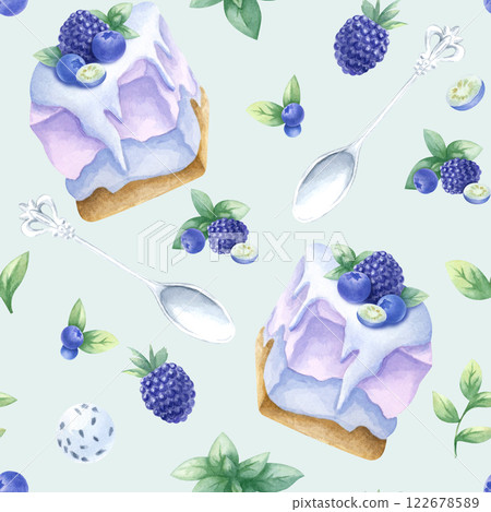 Cakes with blueberry, blackberry and mint, wild berries and silver spoons. Hand drawn watercolor seamless pattern of delicious desserts on light green for pastry shop, kitchen textile, food packaging. Cakes with blueberry, blackberry and mint, wild berries and silver spoons. Hand drawn watercolor seamless pattern of delicious desserts on light green for pastry shop, kitchen textile, food packaging. 122678589