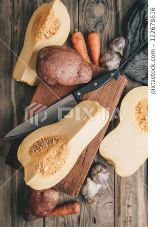 pumpkin and piece of pumpkin. Pumpkin Soup Ingredients.Copyspace. Top view. Healthy and natural food. Agriculture 122678616