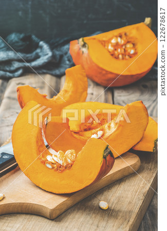 Halloween. Pumpkin.Thanksgiving Day. Banner. Autumn thanksgiving home decor with pumpkins on table. Cooking pumpkin. 122678617