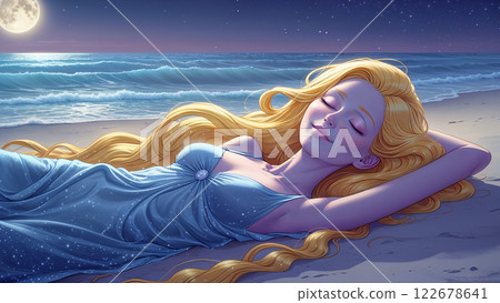 Beautiful blonde woman sleeping on the beach under the moonlight 122678641