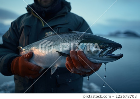 Salmon in fishermans hands in Alaskan wilderness. Generative Ai Salmon in fishermans hands in Alaskan wilderness. Generative Ai 122678708