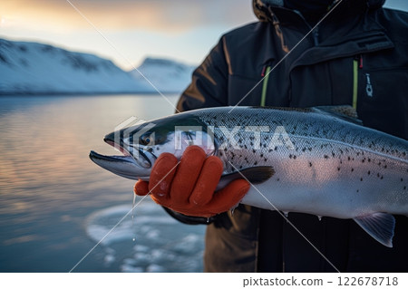 Salmon in fishermans hands in Alaskan wilderness. Generative Ai 122678718