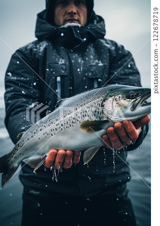 Salmon in fishermans hands in Alaskan wilderness. Generative Ai 122678719