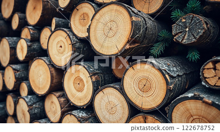 Stack of logs showing growth rings and pine sprig, sustainable forestry and timber industry 122678752