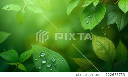 Fresh green leaves covered with dew drops in the forest 122678753