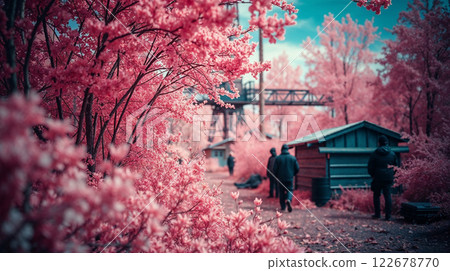 Workers walking in industrial area surrounded by pink foliage 122678770