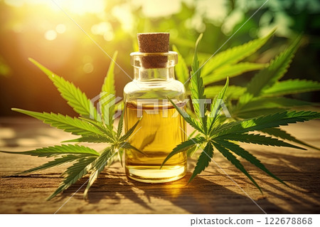Cannabis oil in a bottle. Medical marijuana health benefits. Generative Ai Cannabis oil in a bottle. Medical marijuana health benefits. Generative Ai 122678868