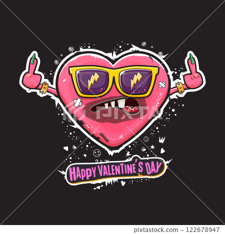 Valentines day greeting card with grunge cartoon vintage heart character showing middle finger. Valentines day t-shirt, banner, apparel, sticker design template ready for printing, vector illustration Valentines day greeting card with grunge cartoon vintage heart character showing middle finger. Valentines day t-shirt, banner, apparel, sticker design template ready for printing, vector illustration 122678947