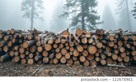 Pile of logs in a misty forest waiting for transportation Pile of logs in a misty forest waiting for transportation 122678981