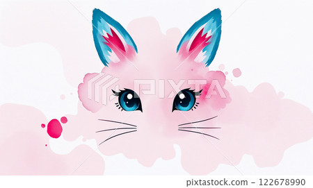 Adorable pink kitten face with blue eyes and colorful ears emerging from watercolor splash 122678990