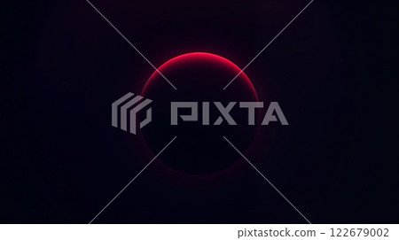 Mysterious dark planet with crimson atmosphere emerging from darkness 122679002