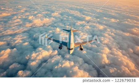 Passenger airplane flying above beautiful cloudscape at sunset 122679038