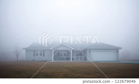 Ranch style home disappearing in dense fog on cold winter morning Ranch style home disappearing in dense fog on cold winter morning 122679046