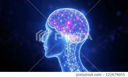 Human head generating connections and data inside brain, on blue background Human head generating connections and data inside brain, on blue background 122679055
