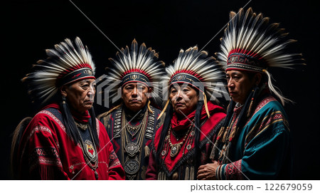 Four native american chiefs wearing traditional headdresses and tribal clothing 122679059