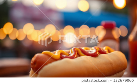 Hot dog with ketchup and mustard at a festival with string lights 122679060