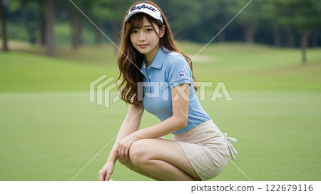 A golf girl in a blue polo shirt and white skirt A golf girl in a blue polo shirt and white skirt 122679116