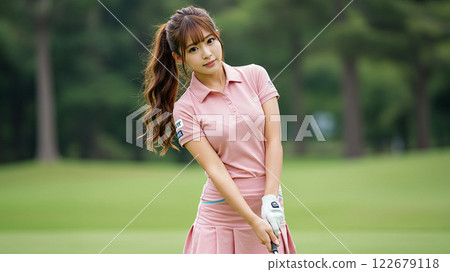 A woman in pink golf wear with a striking ponytail 122679118